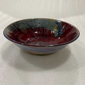 Art Pottery Bowl Hand Thrown Red Dray Drip Glaze Makers Mark EUC